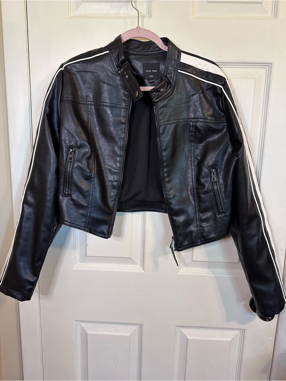 Love Tree Black Faux Leather Moto Jacket w/ White Racing Stripes
